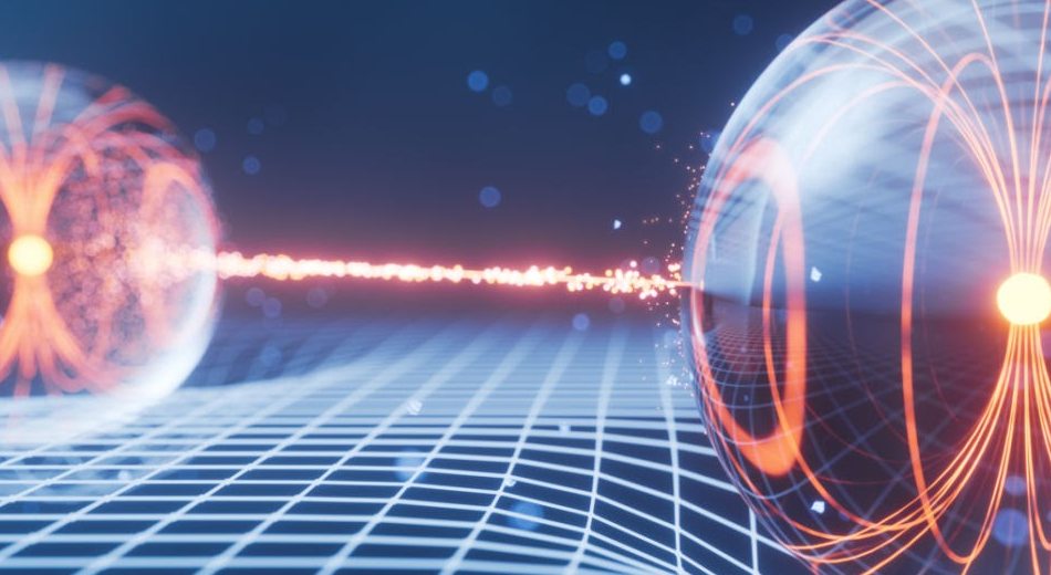 Es una ilustración digital abstracta dominada por tonos azules y blancos luminosos. Muestra una red de puntos interconectados en 3D, simbolizando el entrelazamiento y la compleja arquitectura de la computación cuántica.